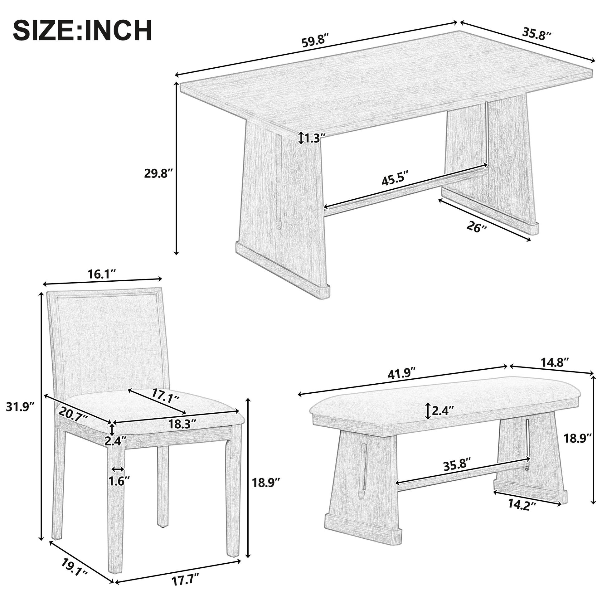TREXM 6-Piece Rustic Farmhouse Dining Table Set With Wire Brushed Design, Rectangular Dining Table With Trapezoid Legs, 4 Upholstered Linen Chairs & 1 Padded Bench For Dining Room & Kitchen Natural