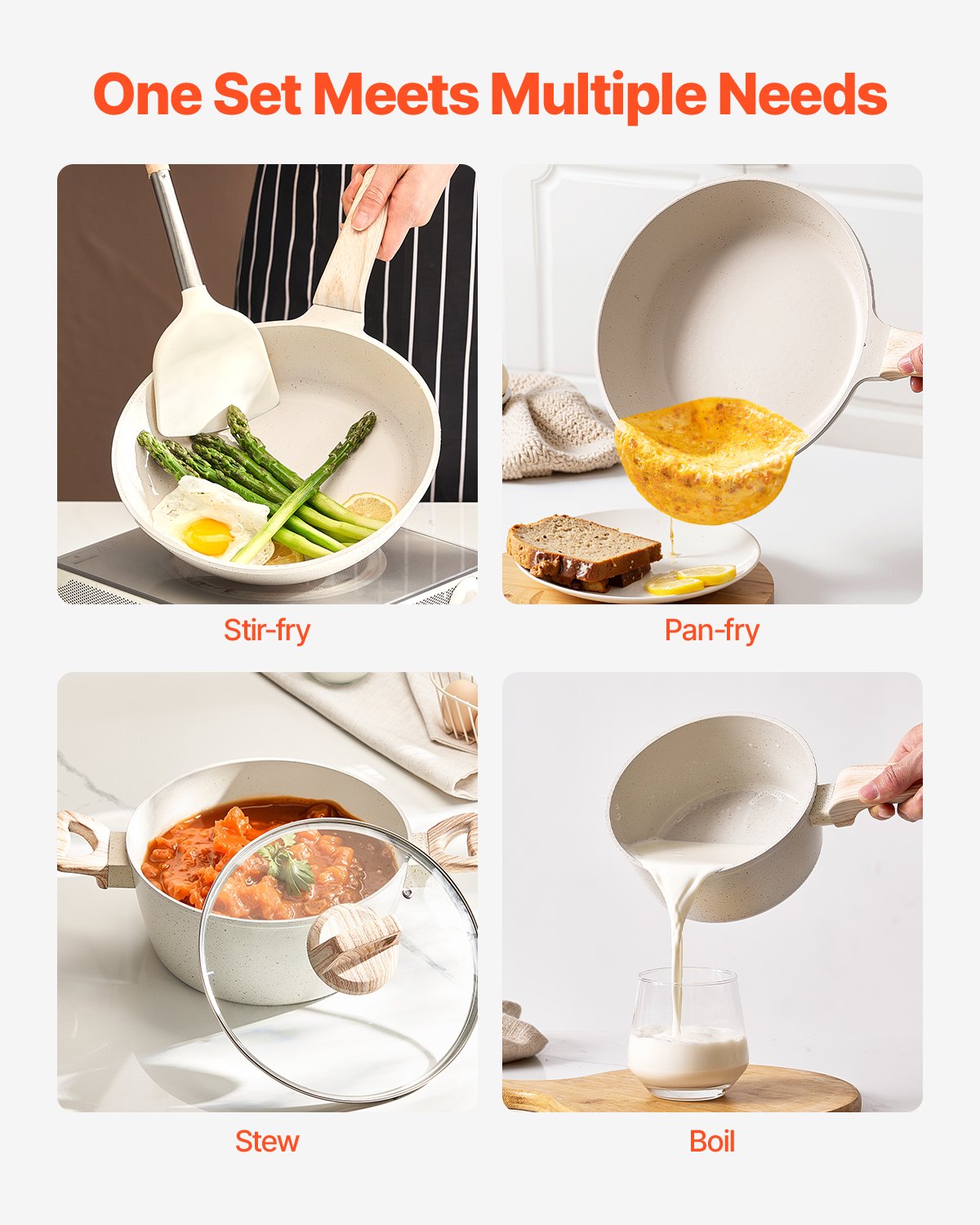 17 Piece Pots And Pans Set Granite Nonstick Kitchen Cookware Induction White