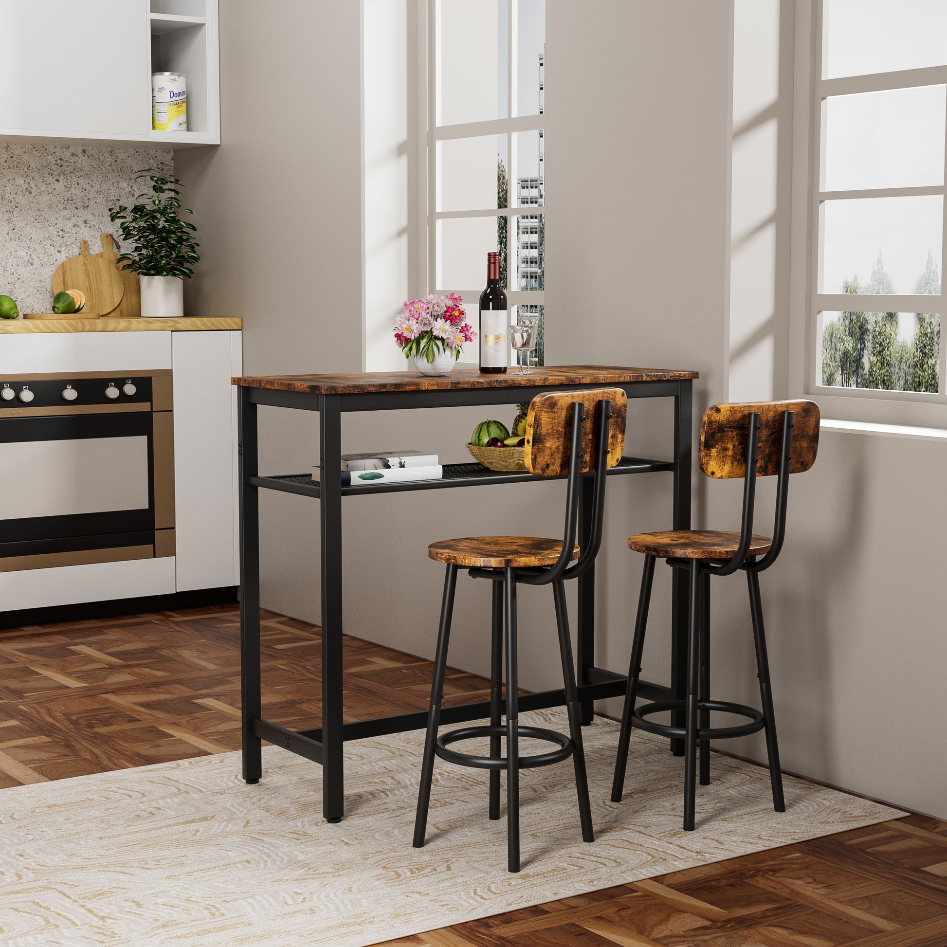 Bar Table, Equipped With 2 Bar Stools , With Backrest And Partition Rustic Brown