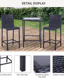 3pcs Rattan Bar Set With Glass Top Table, 2 Bar Stools For Outdoor, Patio, Garden, Poolside, Backyard