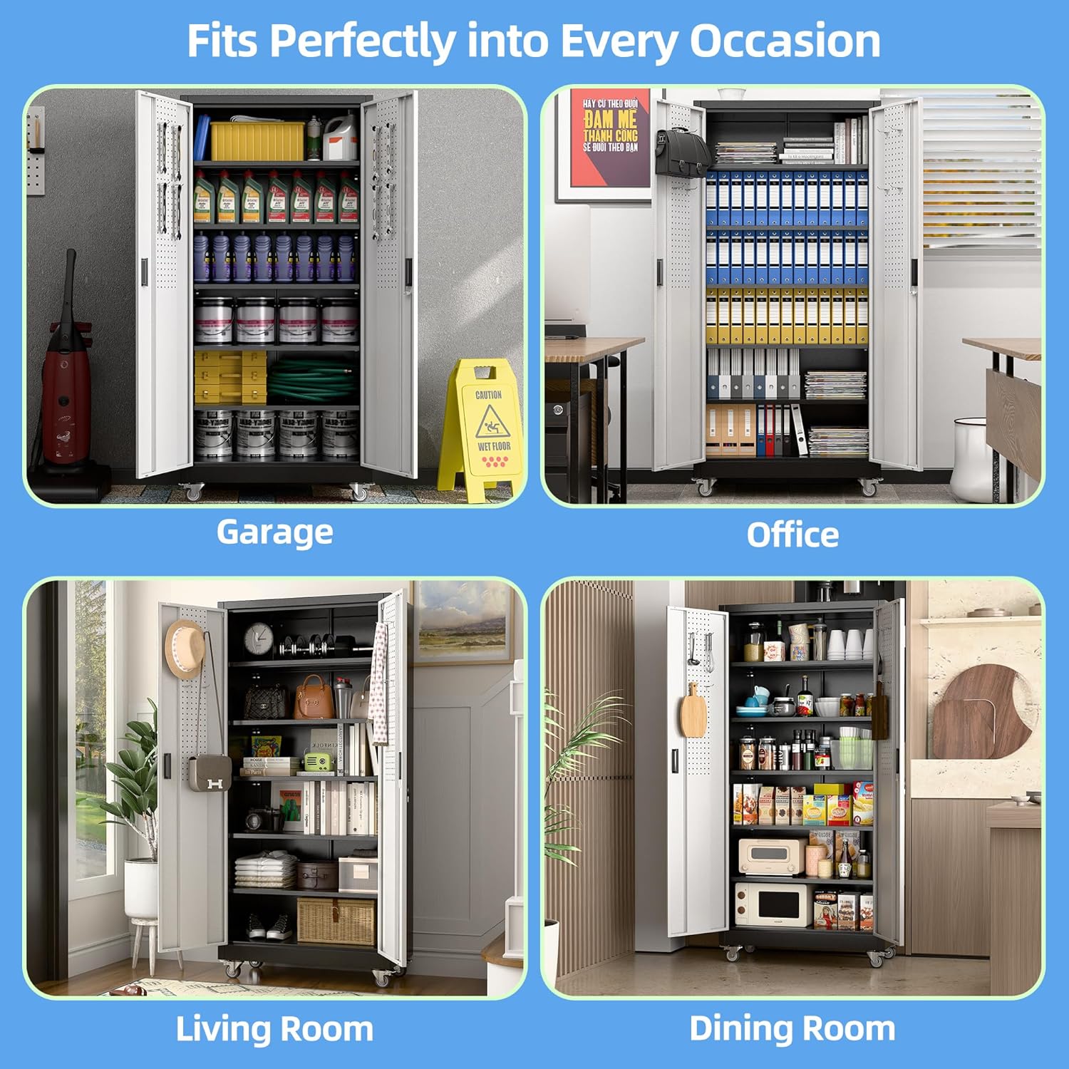 Aobabo Upgrade Metal Garage Storage Cabinet With Wheels And Pegboards, 5 Adjustable Shelves Steel Storage Cabinets For Home,Warehouse,Garage,Assembly Required,Black And Sliver