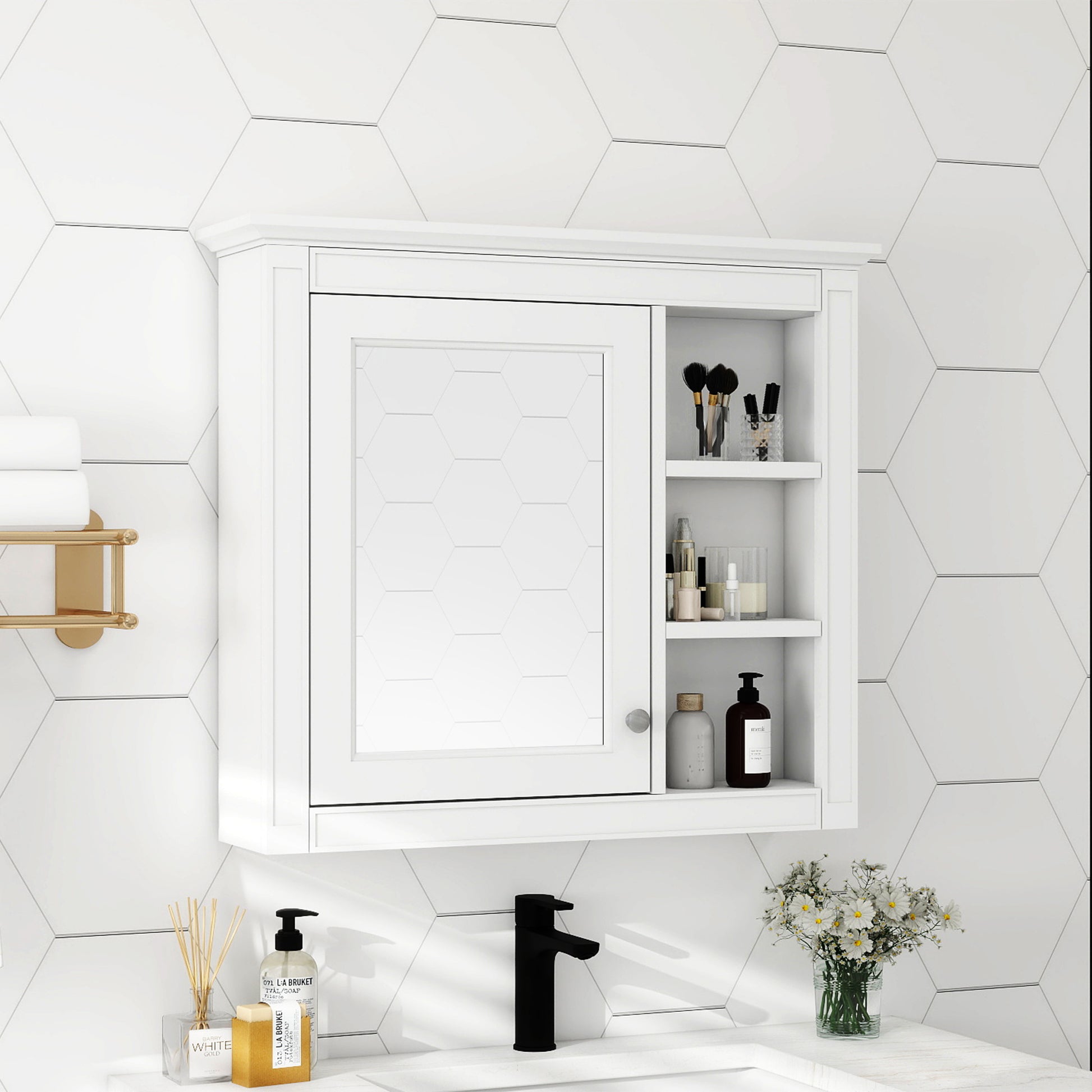30 X 28 Medicine Cabinet, Wall Mounted Bathroom Storage Cabinet, Modern Bathroom Wall Cabinet With Mirror,Medicine Cabinet,  Mirror Cabinet With 3 Open Shelves Not Include Bathroom Vanity