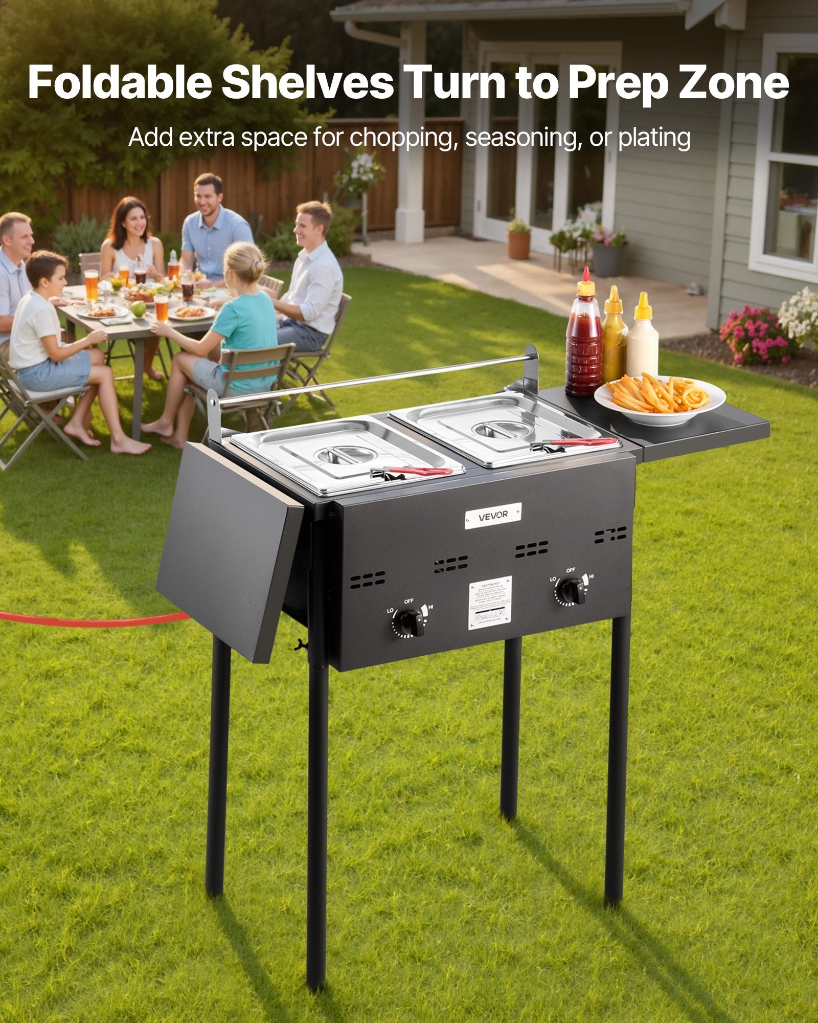 Outdoor Propane Deep Fryer, Dual-Tank 8QTx2 Commercial Fryer, Stainless Steel Cooker With Foldable Platform, Dual Basket, And Heat Adjustment, Floor Standing Fryers For Restaurant Home Snack Bar