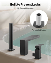 Roman Tub Faucet, 3 Hole Waterfall Bathtub Faucet,  Roman Bathtub Faucets Set With Shower Head & 1 Handle, Romans Bathtub Faucets For Pet Washing, Adult Bathing, Matte Black, Stainless Steel