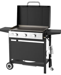 Gas Griddle, 3-Burner Flat Top Grill, Propane Griddle With Wheels, Lid, 3 X 11000 BTU Outdoor Flat Top Grills For Pan-Frying, Grilling, Stir-Frying, & BBQ, Pulse Ignition, Removable Top Design