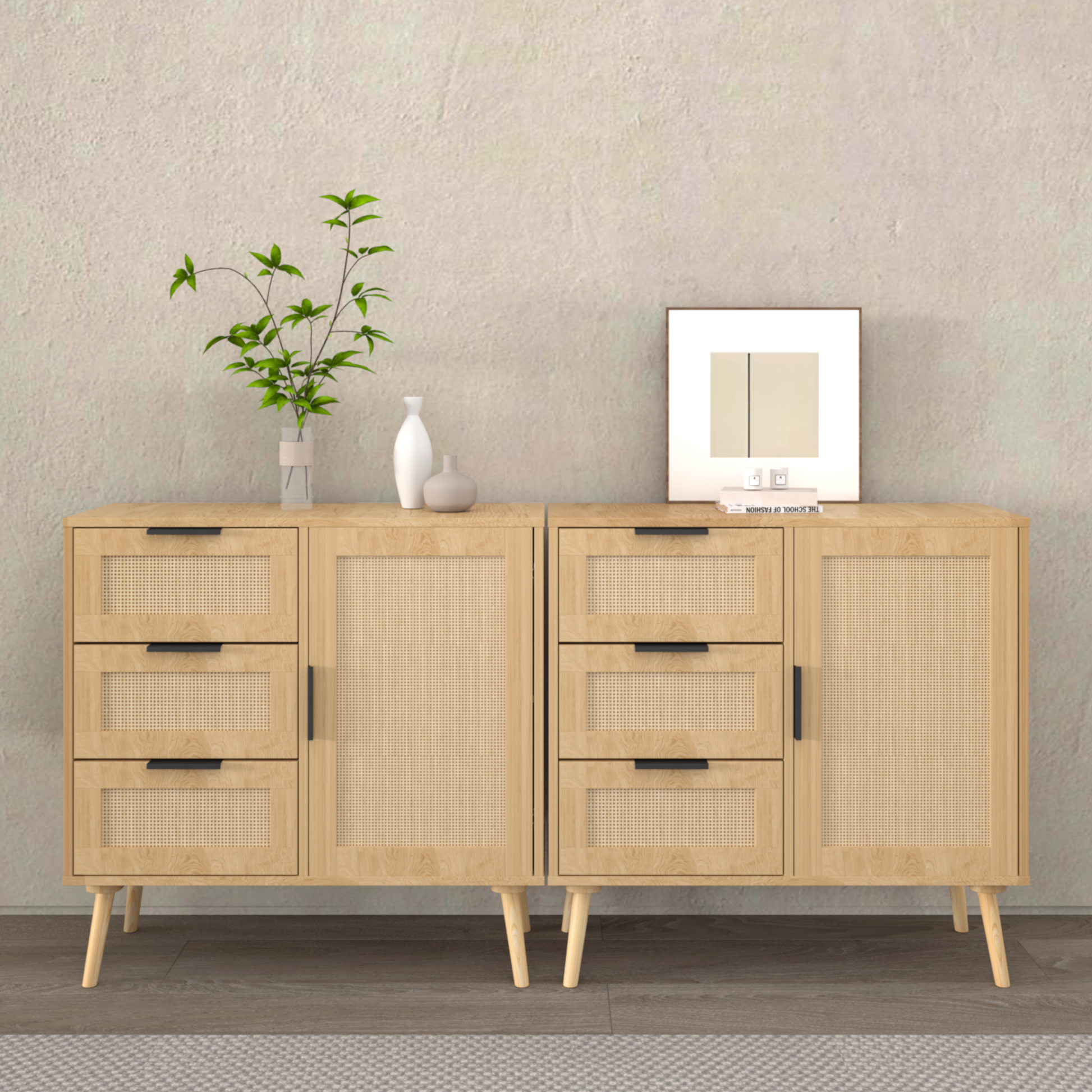 Modern  Rattan Wood  Dresser Wood Storage Cabinet Sideboard For Bedroom, Living Room, Entryway, Hallway