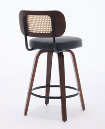 Set Of 2 Counter Height Bar Stools - 26 Inch Rattan Counter Height Stools With Cane Back, Upholstered Seat, Walnut Craftsmanship, Swivel Counter Stools For Island Kitchen Counter Bar Walnut Black