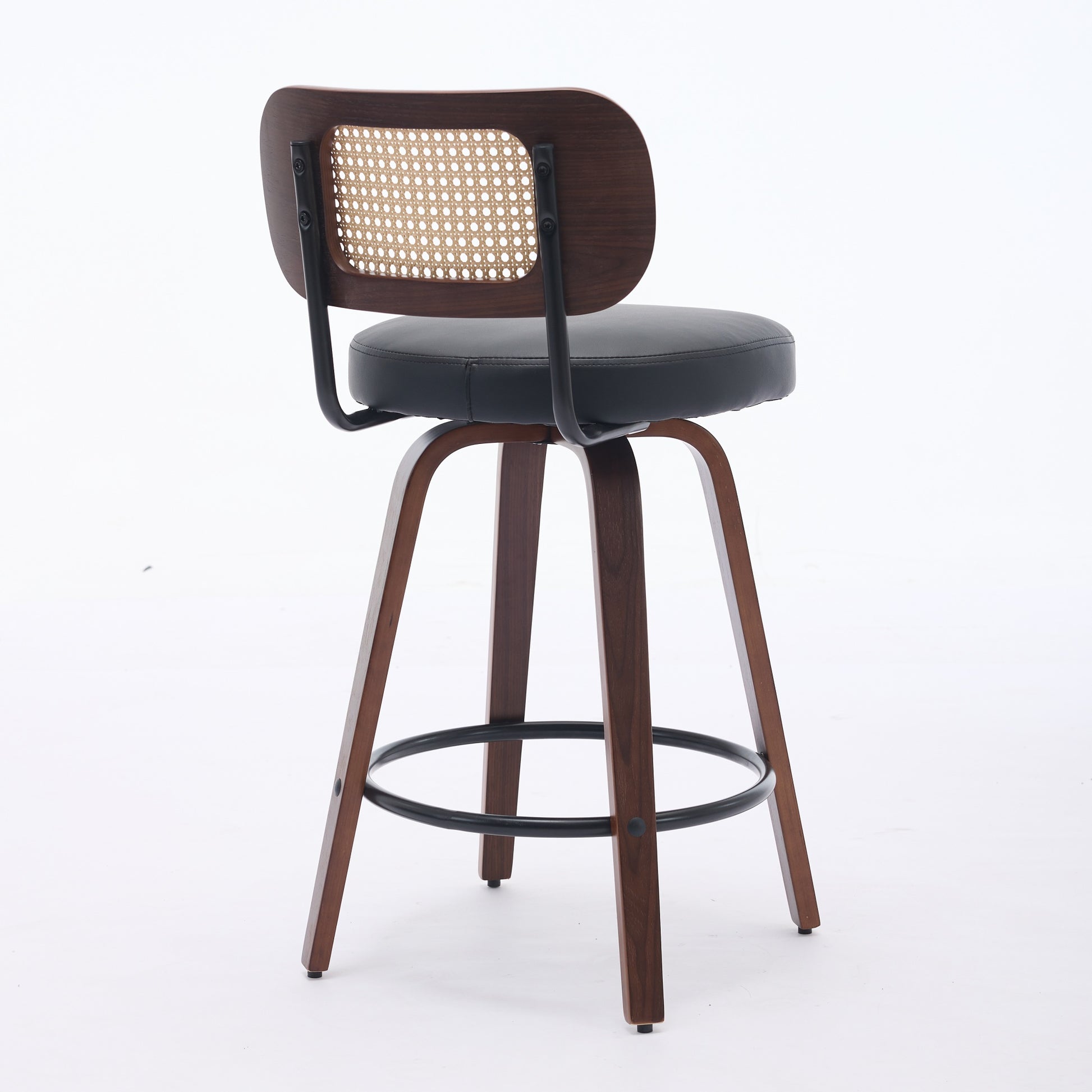 Set Of 2 Counter Height Bar Stools - 26 Inch Rattan Counter Height Stools With Cane Back, Upholstered Seat, Walnut Craftsmanship, Swivel Counter Stools For Island Kitchen Counter Bar Walnut Black