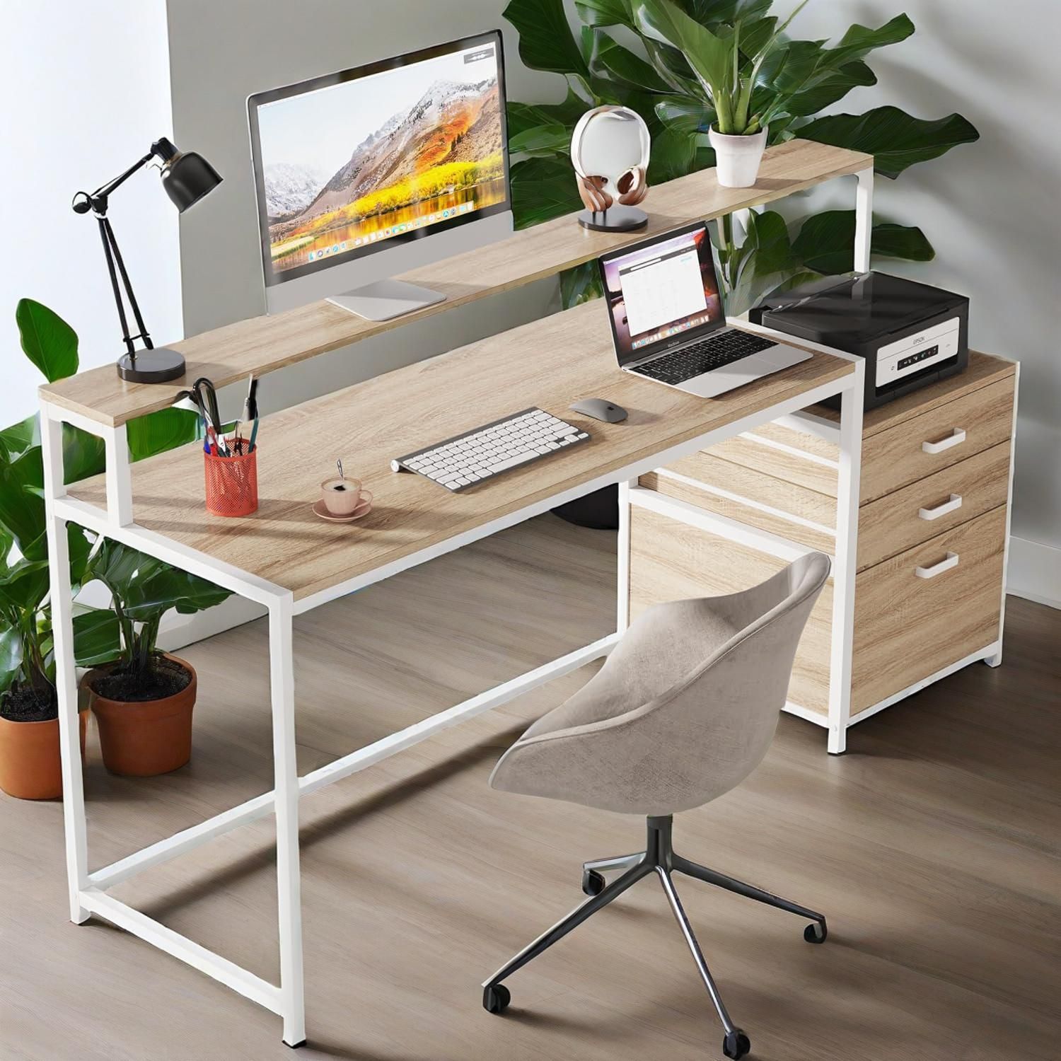63 Inch Computer Desk With File Drawer Cabinet, Ergonomic Office Desk With Monitor Stand, Industrial Computer Table With Printer Space