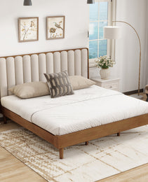 King Size Wood Bed With Piano Key Style Upholstered Headboard , Wood Bed With Strengthened Bed Frame ,Wheat