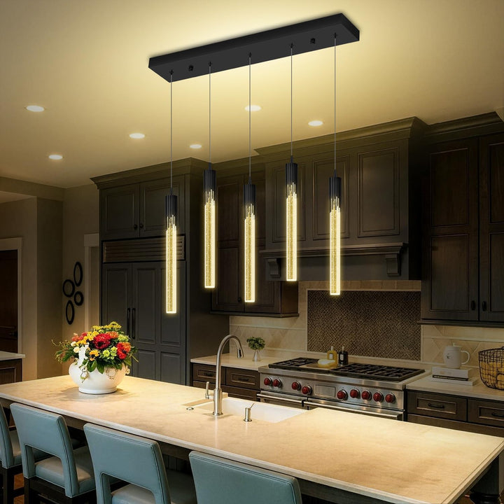 5-Lights Rectangular Pendant Lights for Kitchen Island Black Linear Crystal Chandelier Modern Chandeliers for Kitchen Island Dining Room