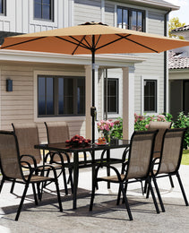 8 Pieces Patio Furniture Set with 9Ft Patio Umbrella, Outdoor Dining Table and Chairs, Light Mixed Brown