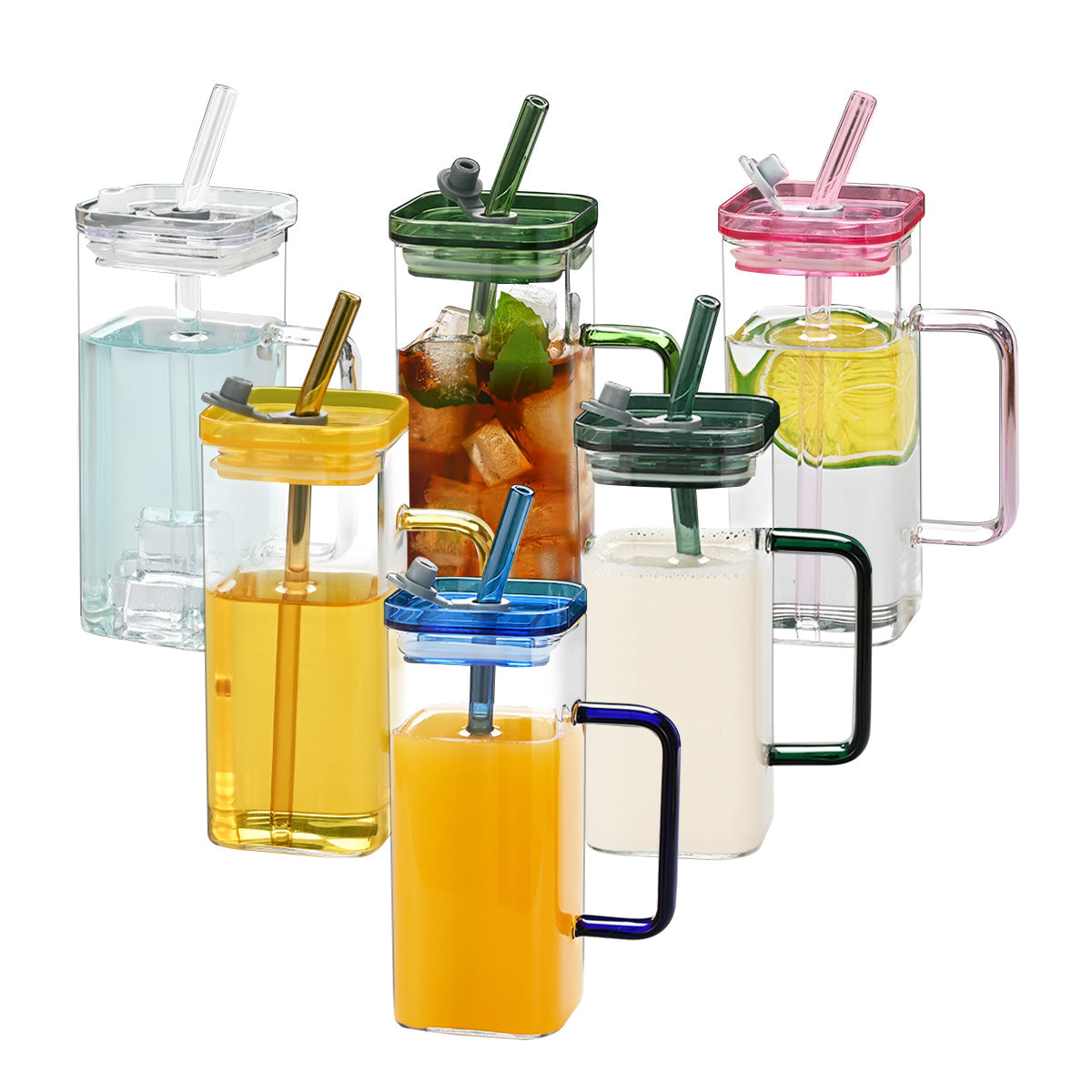 1 Pcs Blue Glass Straw Cup, 6 Colors Square Glass Cup With Straw And Lid, High Borosilicate Glass Cup, Milk Cup, Juice Cup, Cold Drink Cup, Coffee Cup, Tea Cup, Office Cup, Gift Cup