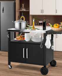 Outdoor Grill Cart With Storage, Rolling Bar Cart Movable Kitchen Island For BBQ, Patio Dining Cart Table For Food Prep With Wheels Hooks Foldable Top