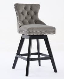 Swivel Velvet Barstools With Button Tufted Decoration And Wooden Legs, And Chrome Nailhead Trim, Leisure Style Bar Chairs,Bar Stools, Set Of 2 Gray,SW1860GY