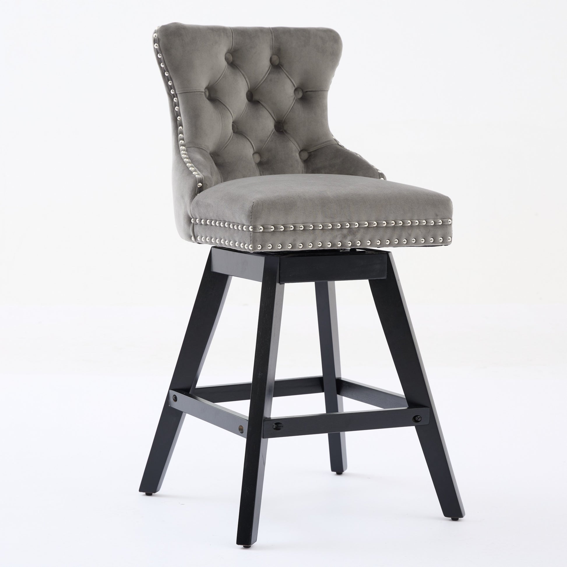 Swivel Velvet Barstools With Button Tufted Decoration And Wooden Legs, And Chrome Nailhead Trim, Leisure Style Bar Chairs,Bar Stools, Set Of 2 Gray,SW1860GY