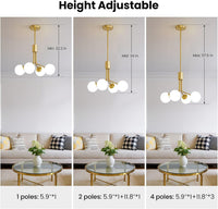 Gold Sputnik Ceiling Light, 4-Light Modern Chandelier with Adjustable Height,Globe Pendant Ceiling Light with Milk Glass Shades, Mid Century Hanging Light Fixture for Living Room Bedroom Foyer
