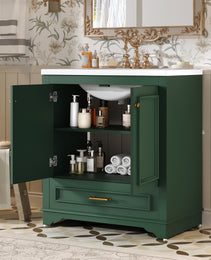 30 Luxurious Bathroom Vanity With Ceramic Sink, Bathroom Vanities Cabinet With 2 Large Soft Closing Doors, Solid Wood Frame Bathroom Storage Cabinet