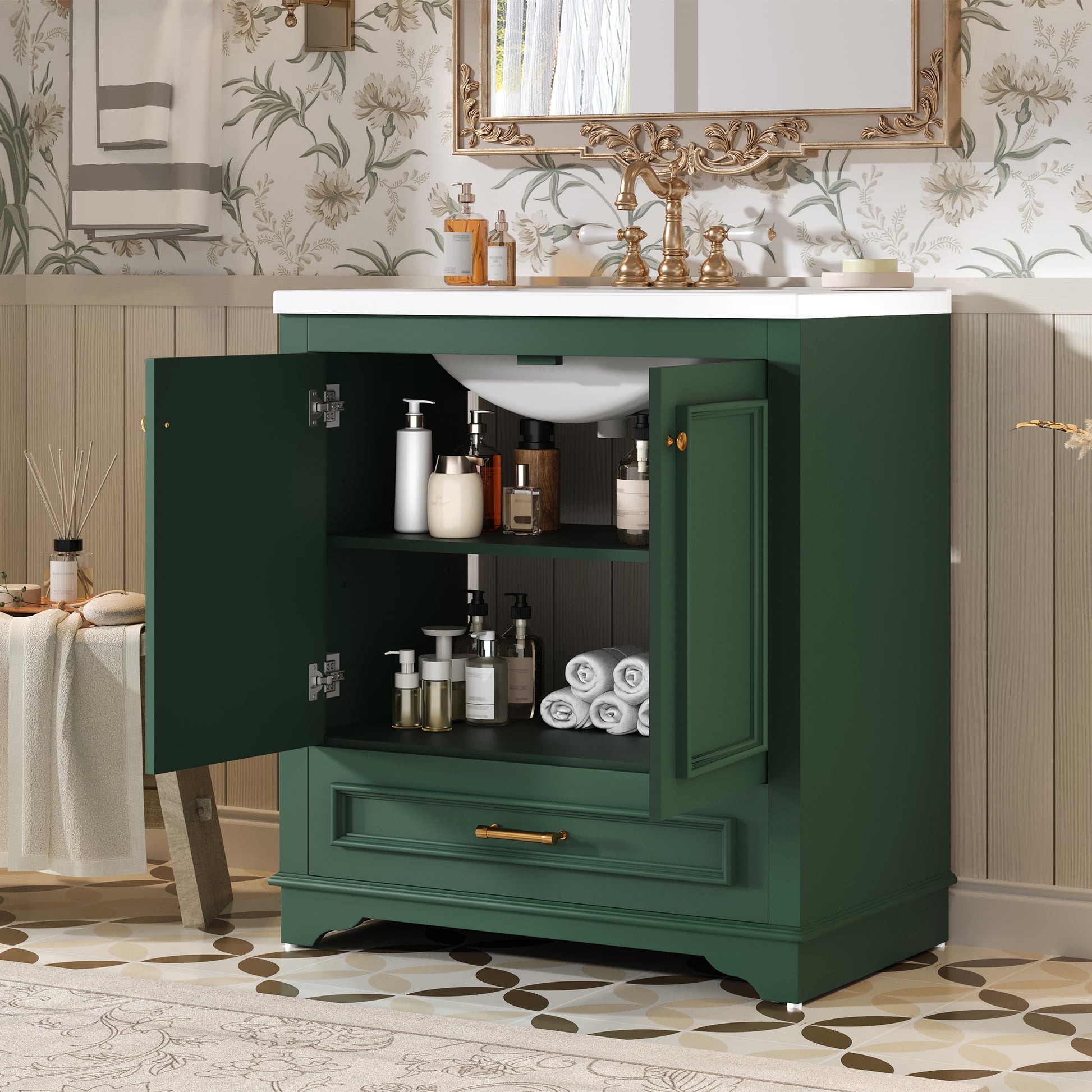 30 Luxurious Bathroom Vanity With Ceramic Sink, Bathroom Vanities Cabinet With 2 Large Soft Closing Doors, Solid Wood Frame Bathroom Storage Cabinet