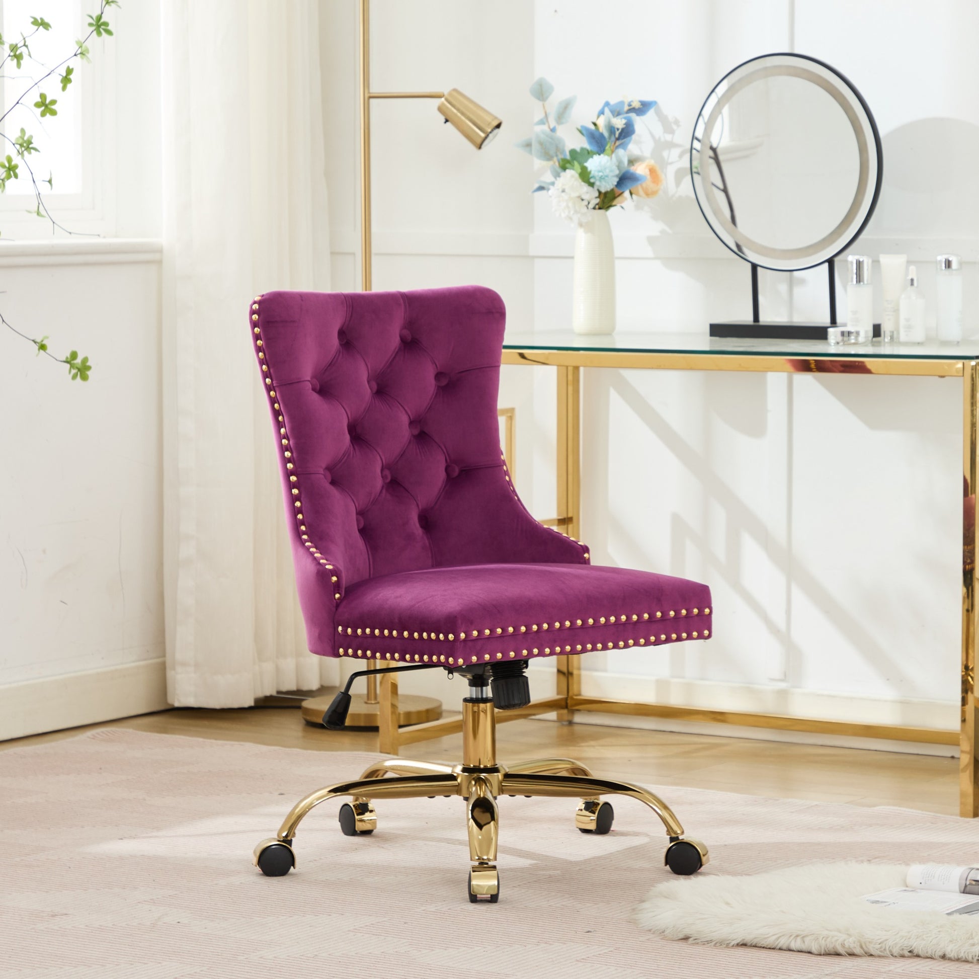 A&A Furniture Office Chair,Modern Velvet Upholstered Tufted Button Home Office Chair With Golden Metal Base,Adjustable Desk Chair Swivel Office Chair Purple