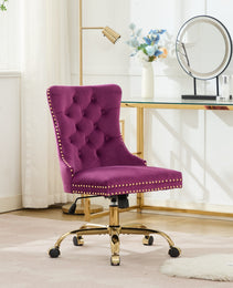 A&A Furniture Office Chair,Modern Velvet Upholstered Tufted Button Home Office Chair With Golden Metal Base,Adjustable Desk Chair Swivel Office Chair Purple