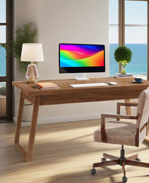 Home Office Executive Desk: 55 Inches Wooden Computer Desk With Drawer, Mid-Century Modern Study Writing Table