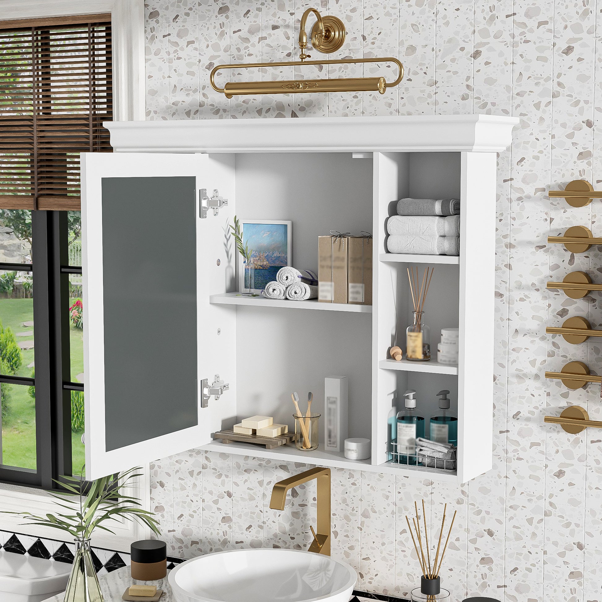 35'' X 28'' White Wall Mounted Bathroom Storage Cabinet With Mirror Door, Modern Bathroom Wall Cabinet With Mirror, Medicine Cabinet With 6 Open Shelves