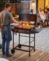 4 Burner BBQ Propane Gas Grill With Side Burner 42000 BTU Output Stainless Steel Barbecue Grill With Enamel-Coated Grates And Side Tables For Outdoor Cooking Kitchen And Patio Backyard.
