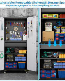71 Inch High Metal Storage Cabinet On Wheels With 5 Pegboards And 1 Drawer, Lockable Steel Tool Cabinet For Garage, Warehouse, Assembly Required, Black Gray