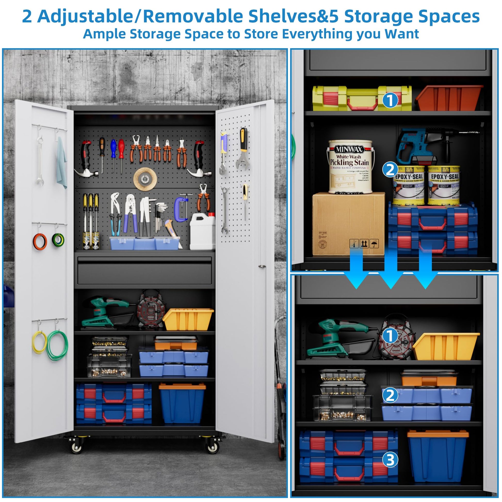 71 Inch High Metal Storage Cabinet On Wheels With 5 Pegboards And 1 Drawer, Lockable Steel Tool Cabinet For Garage, Warehouse, Assembly Required, Black Gray