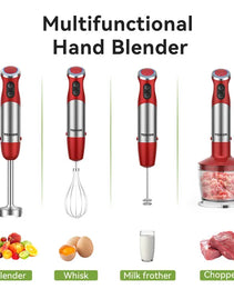 TENKER 5-in-1 Hand Immersion Blender, 1000W 12 Speed Handheld Blender, Copper Motor Stainless Steel Blade Stick Blender,600ml Mixing Beaker,500ml Food Processor, Whisk, Milk Frother, BPA-Free, Red