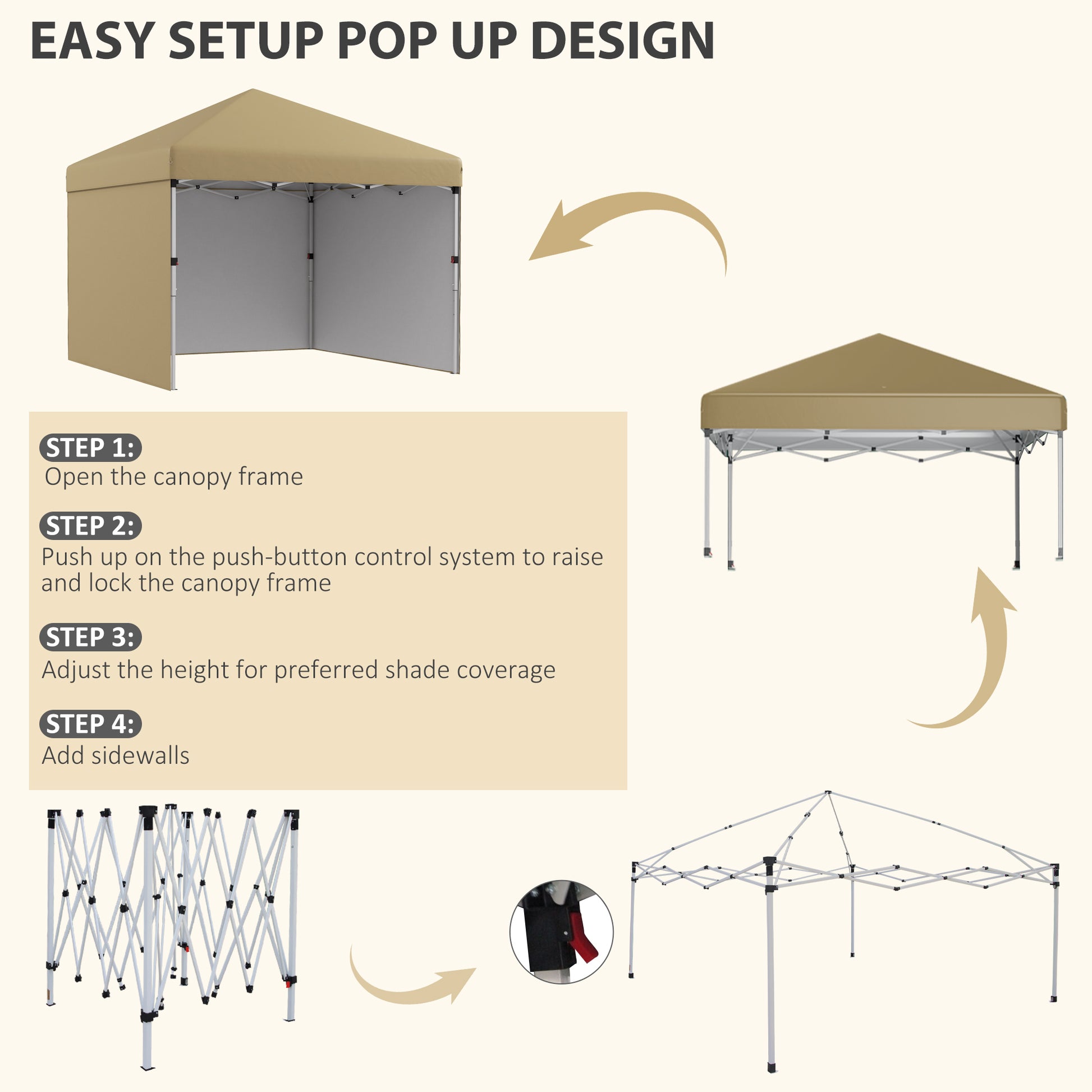 10' X 10' Pop Up Canopy With Sidewalls, Weight Bags And Carry Bag, Height Adjustable Tent For Parties, Beige