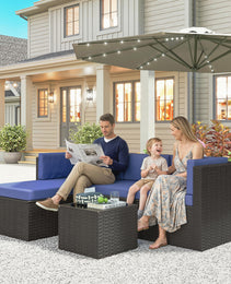 3 Piece Patio Furniture Set, Wicker Outdoor Patio Conversation Furniture Set with Cushions, Glass Top Table, Navy Blue