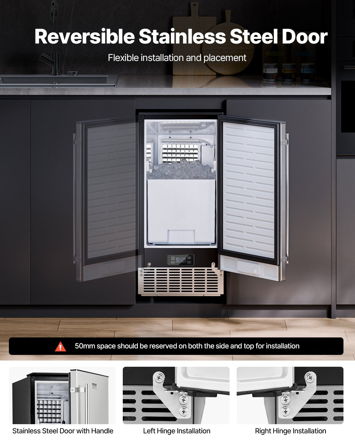 Undercounter Ice Maker 80 Lbs/Day Built-in Ice Maker Machine W/ Reversible Door