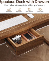 Home Office Executive Desk: 55 Inches Wooden Computer Desk With Drawer, Mid-Century Modern Study Writing Table