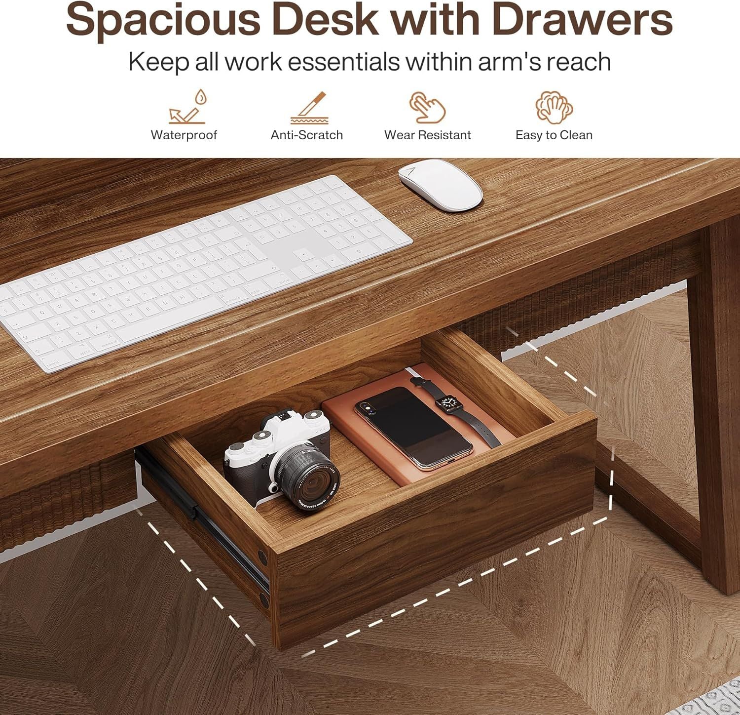 Home Office Executive Desk: 55 Inches Wooden Computer Desk With Drawer, Mid-Century Modern Study Writing Table