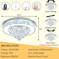 24" Modern Crystal Dimmable Chandeliers for Living Room LED Chandeliers Flush Mount Ceiling Light Fixture Dining Room Bedrooms Silver