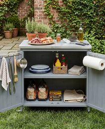 K&K 42.1  Outdoor Kitchen Island With Side Shelf, Outdoor Grill Cart With Storage Cabinet, Outdoor Kitchen Cabinet With Stainless Steel Top,  Adjustable Shelf And 4  Wheels For Pizza Prep, Grey Blue