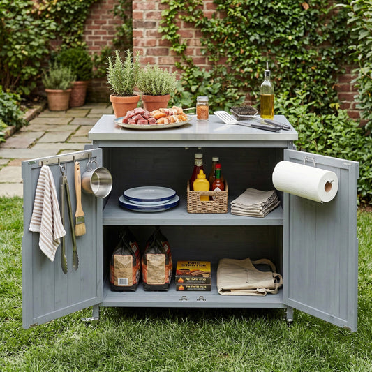 K&K 42.1  Outdoor Kitchen Island With Side Shelf, Outdoor Grill Cart With Storage Cabinet, Outdoor Kitchen Cabinet With Stainless Steel Top,  Adjustable Shelf And 4  Wheels For Pizza Prep, Grey Blue