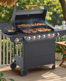 6 Burner BBQ Propane Gas Grill With Side Burner 72000 BTU Output Stainless Steel Barbecue Grill With Cast Iron Grates And Side Tables For Outdoor Cooking Kitchen And Patio Backyard.