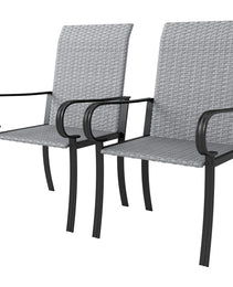 Set of 2 Outdoor Wicker Dining Chairs with Armrest, Steel Frame, High Back and Deep Seating, Gray