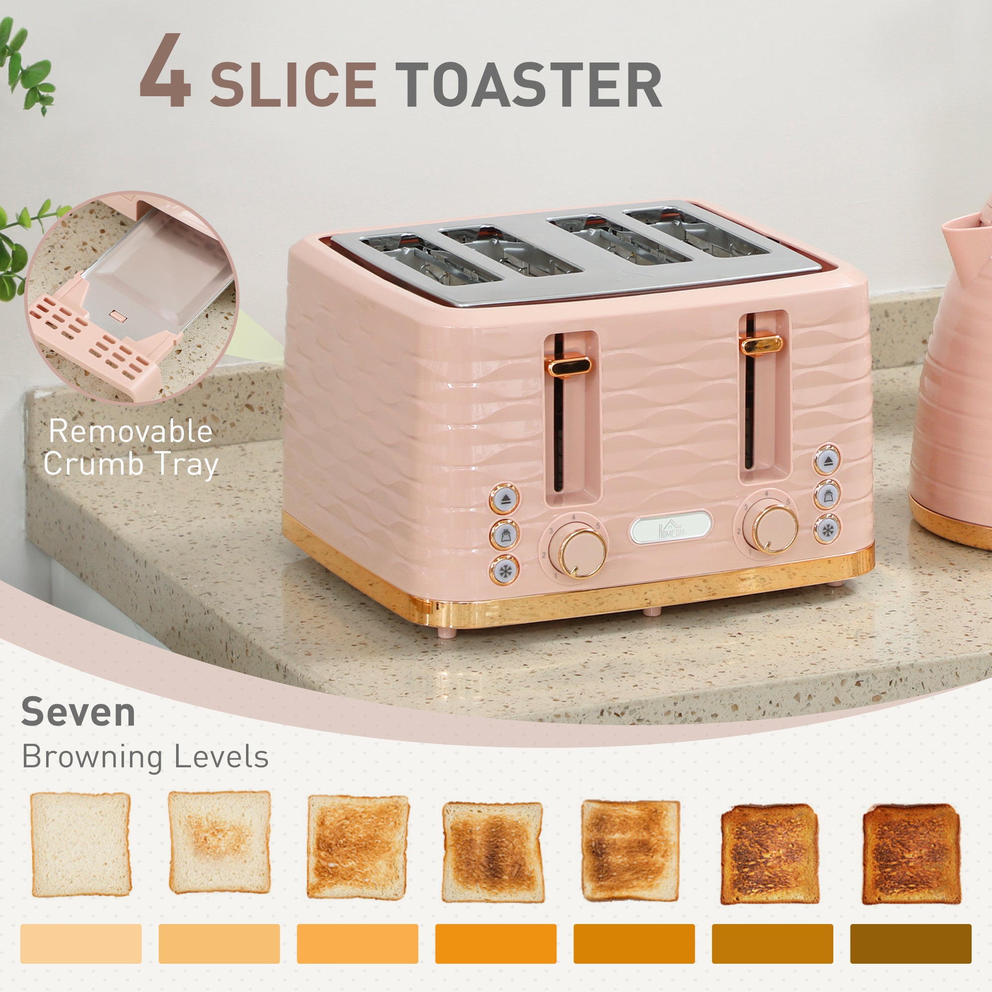 Rose Quartz Collection: 3000W Rapid-Boil Kettle & 4-Slice Ridged Toaster Set