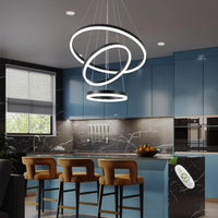 4 Ring Modern Black Chandelier, Circles Pendant Light Fixture for High Ceiling, Led Acrylic Chandelier, Dimmable 78.74'' High Ceiling Light with Remote for Dining Room Staircase Foyer