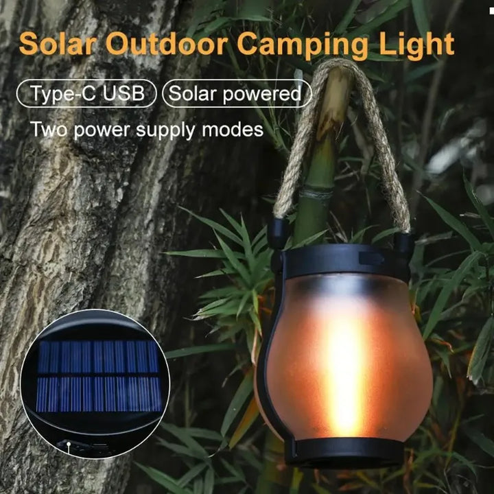 Solar Flame Lamp USB Rechargeable Camping Light Hanging Courtyard Decoration Garden Lantern Lighting Lamp With Hemp Rope