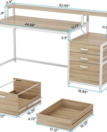 63 Inch Computer Desk With File Drawer Cabinet, Ergonomic Office Desk With Monitor Stand, Industrial Computer Table With Printer Space