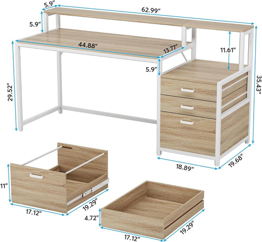 63 Inch Computer Desk With File Drawer Cabinet, Ergonomic Office Desk With Monitor Stand, Industrial Computer Table With Printer Space