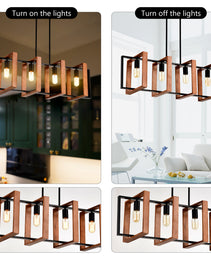 4-Light Kitchen Island Lights Pendant Light Farmhouse Dining Room Light Fixture, Rustic Wood And Black Metal Rectangular Chandelier, Hanging Lighting For Living Room,Conference Room, Home Office - CJDS