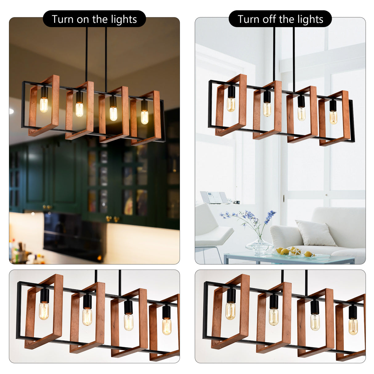 4-Light Kitchen Island Lights Pendant Light Farmhouse Dining Room Light Fixture, Rustic Wood And Black Metal Rectangular Chandelier, Hanging Lighting For Living Room,Conference Room, Home Office - CJDS