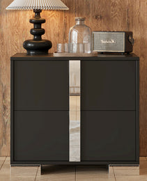 Elegant Nightstand With Metal Foot, Mirrored Bedside Table With 2 Drawers For Bedroom, Living Room, Black