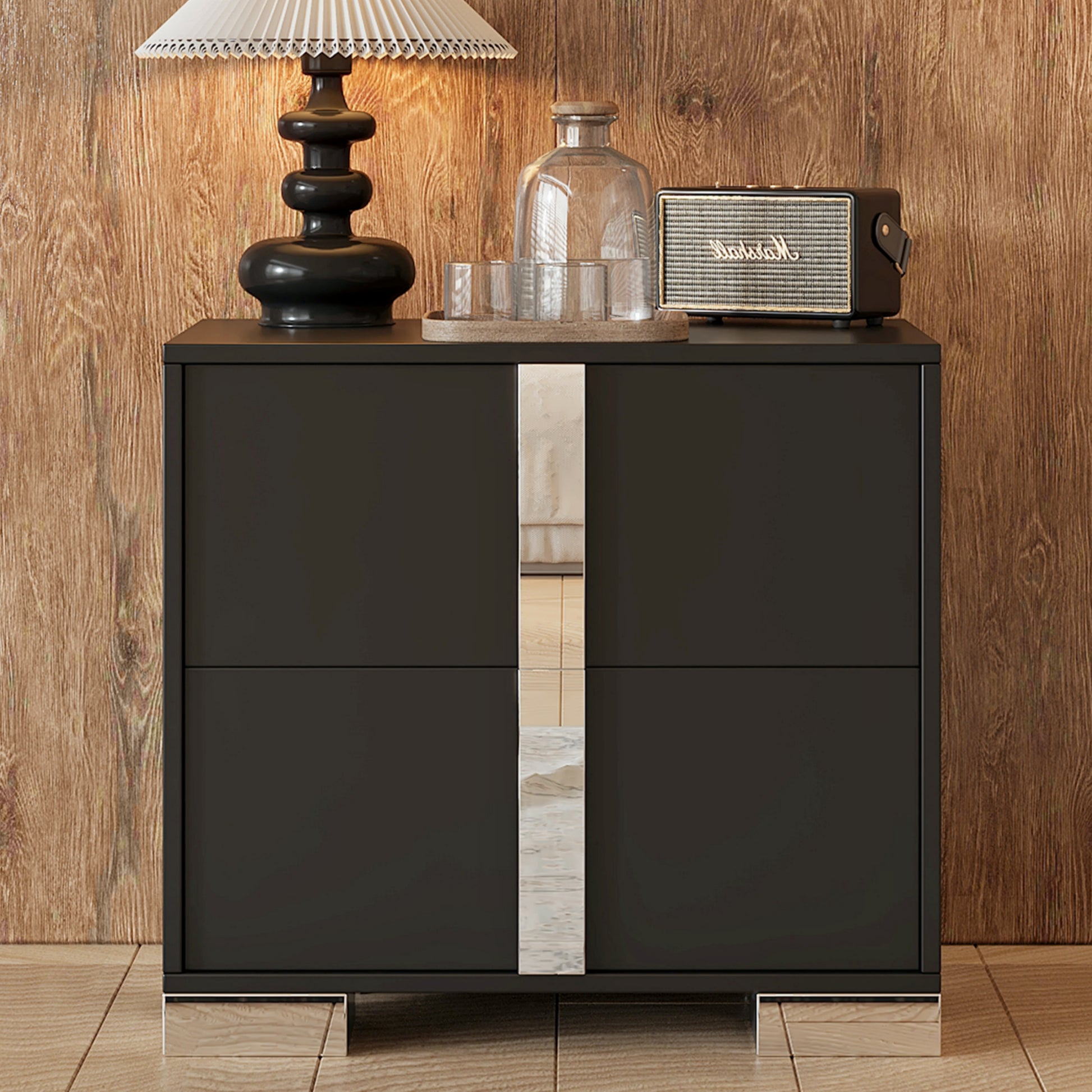 Elegant Nightstand With Metal Foot, Mirrored Bedside Table With 2 Drawers For Bedroom, Living Room, Black